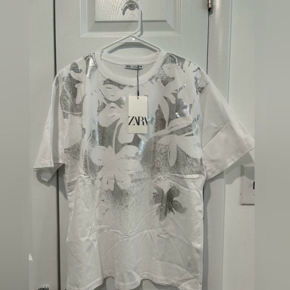 Zara Silver Metallic Floral Foil White T-shirt | Short Sleeves | XL | NWT - Picture 9 of 15